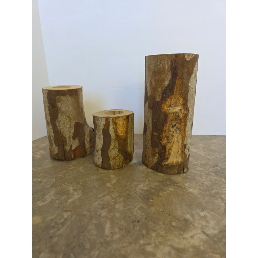 Unbranded‎ Log Trio Candle Holder Set 8in 6in 4in Brown Wood Rustic Decor